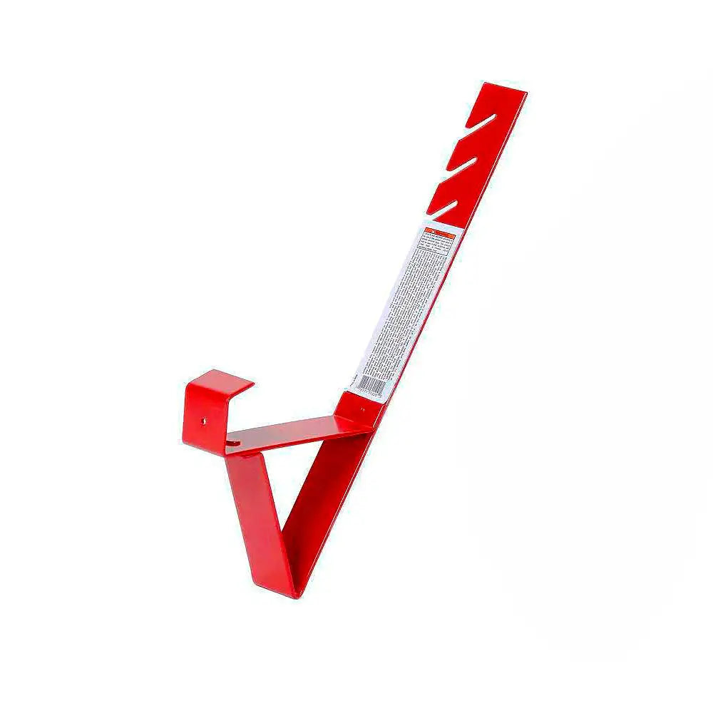 A red metal tool or hardware bracket with a long angled arm, a short side arm, and a white warning label on the arm, shown on a plain white background.