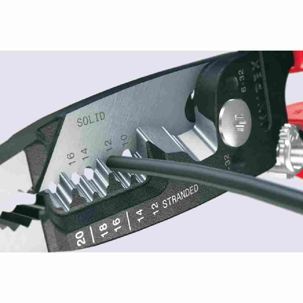 Knipex 13728SBA 8 inch 10-20 AWG Forged Comfort Wire Stripper showing stripping wire