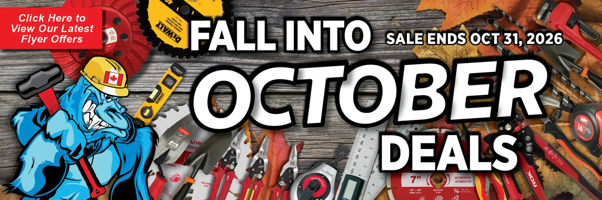Promotional banner for a fall and October sale, featuring large white text reading 'FALL INTO OCTOBER DEALS' over a rustic wood background filled with tools and hardware. A cartoon blue character wearing a yellow hard hat appears on the left, with a red callout that says 'Click Here to view our latest flyer offers.
