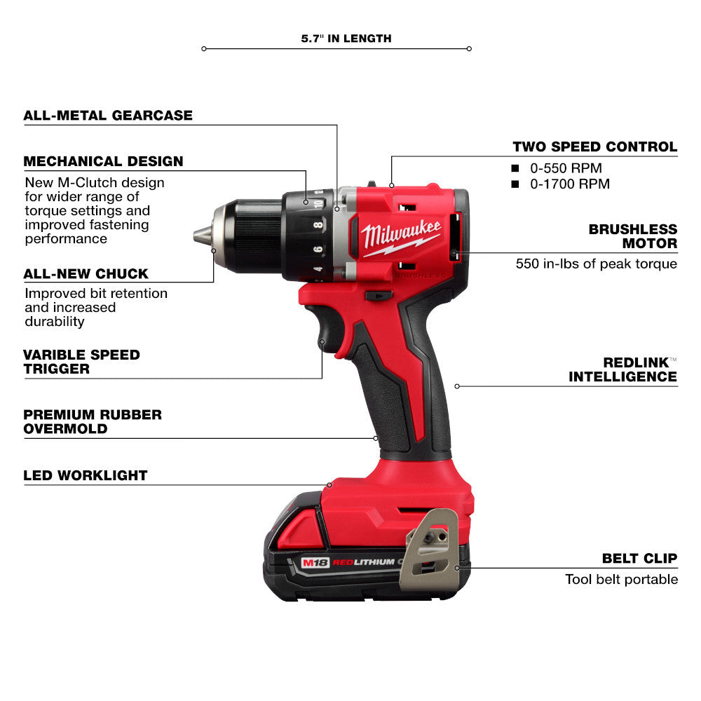 Milwaukee 3692-22CT M18 2-Tool Compact Cordless Brushless 1/2 inch Drill Driver & 1/4 inch Hex Impact Driver Combo Kit