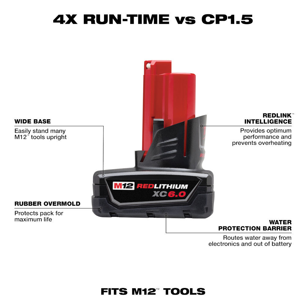 Milwaukee 48-11-2460 M12 REDLITHIUM Extended Capacity XC 6.0 Ah Battery Pack
