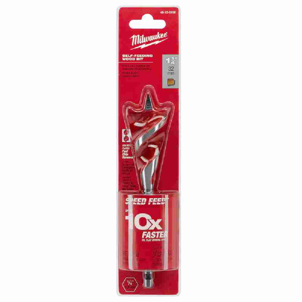 Milwaukee 48-13-0108 SPEED FEED 1-1/4 inch x 6 inch Self-Feeding Wood Bit showing in packaging