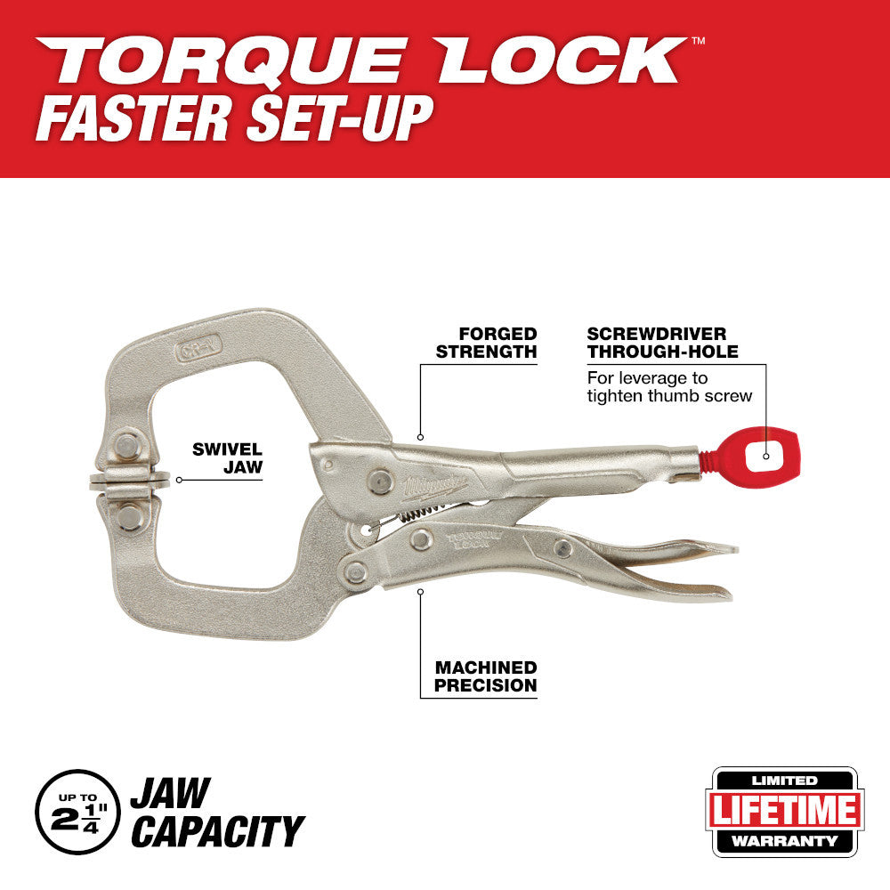 48-22-3522 6 inch TORQUE LOCK Locking C-Clamp with Swivel Jaws showing features of the pliers