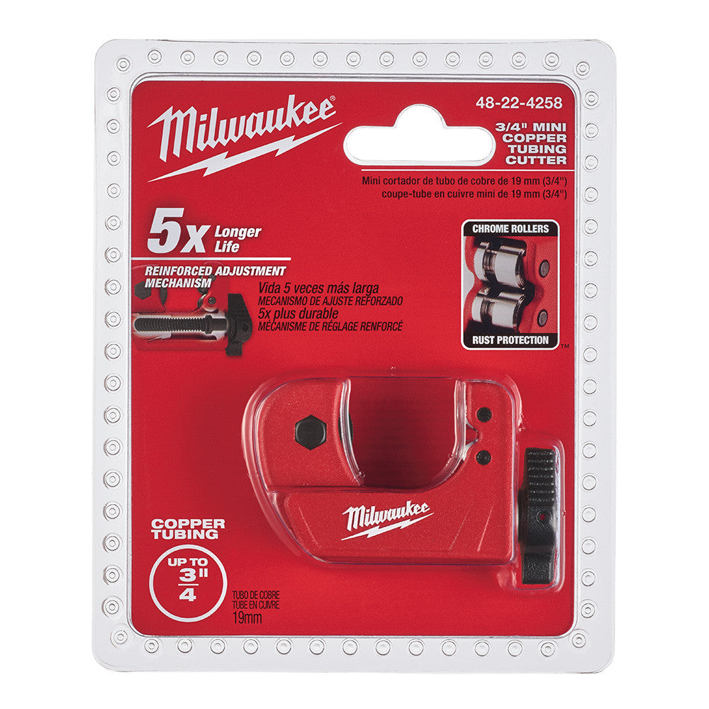 Milwaukee 48-22-4258 3/4 inch Mini Copper Tubing Cutter showing pipe cutter in packaging