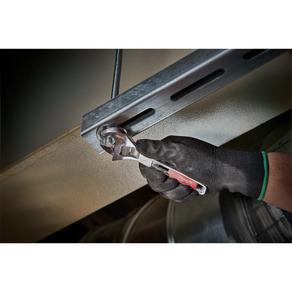 Milwaukee 48-22-7410 10 inch Adjustable Wrench showing in use fastening bolt through bracket into ceiling
