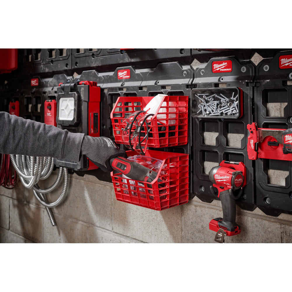 Milwaukee 48-22-8342 PACKOUT Compact Wall Basket showing basket attached to packout wall panel filled with accessories