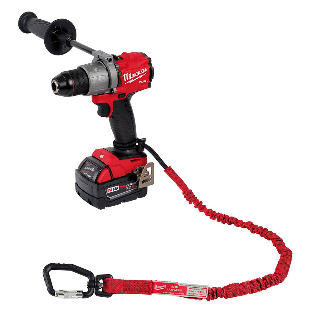 Milwaukee 48-22-8810 10lbs 36 inch Locking Tool Lanyard showing in use mounted to a hammer drill (hammer drill sold separately)