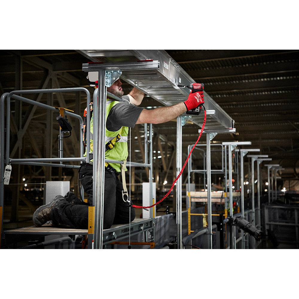 Milwaukee 48-22-8811 10lbs 54 inch Extended Reach Locking Tool Lanyard showing in use mounted to impact drill and operators belt
