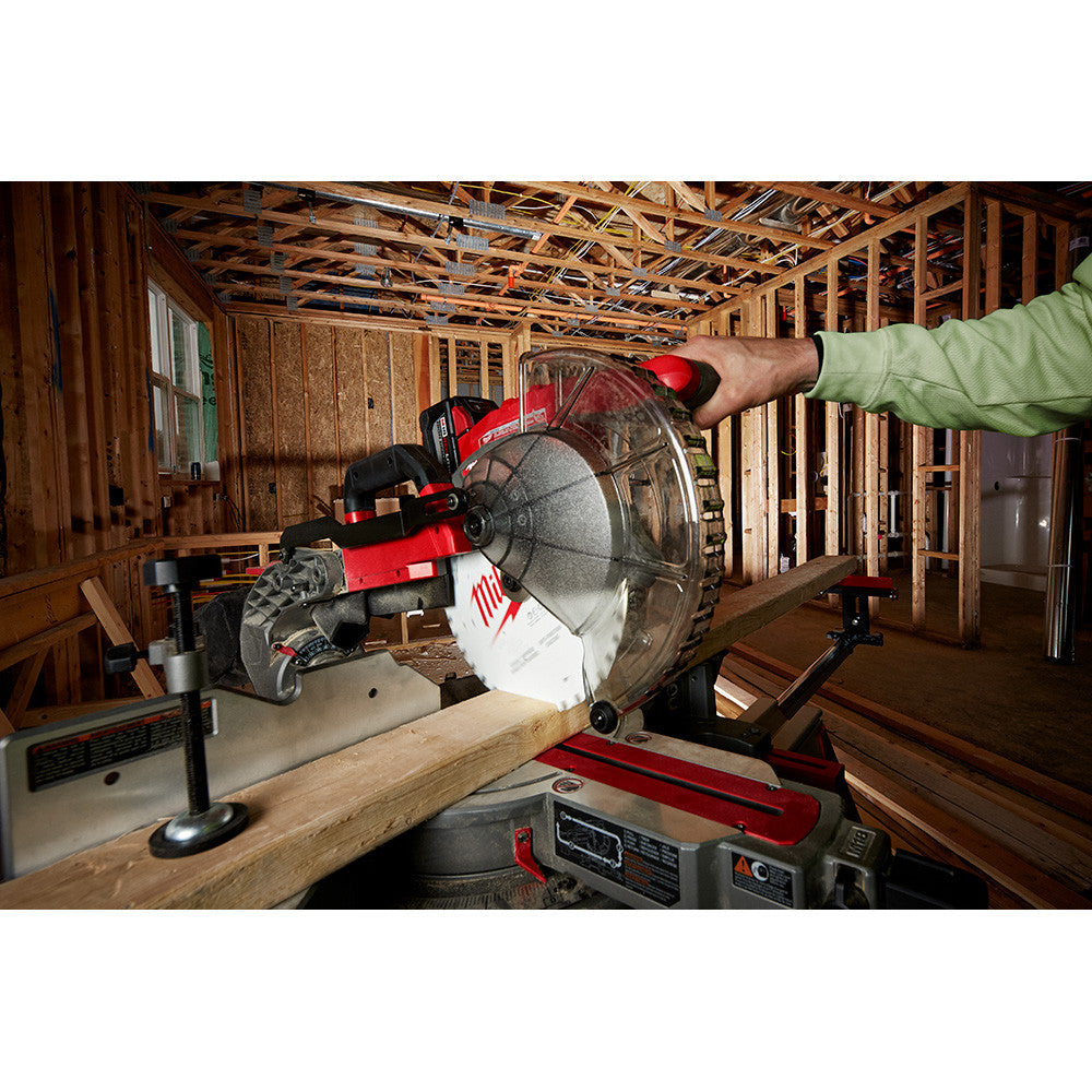 Milwaukee 48-40-1028 10-inch x 60T Fine Finish Wood Cutting Circular Saw Blade showing in use cutting lumber with miter saw (miter saw sold separately)