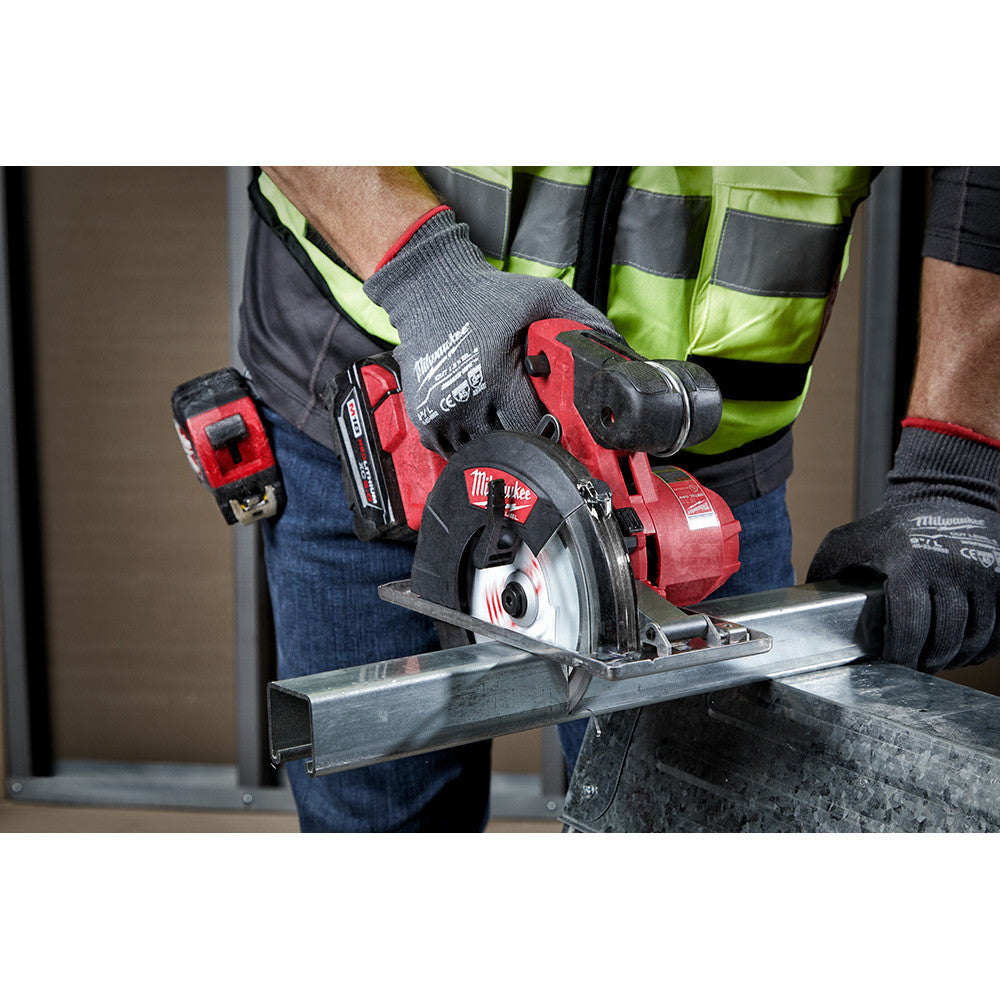 Milwaukee 48-40-4215 5-7/8-inch x 34T Metal Cutting Circular Saw Blade showing in use cutting square tubing with circular saw (circular saw sold separately)