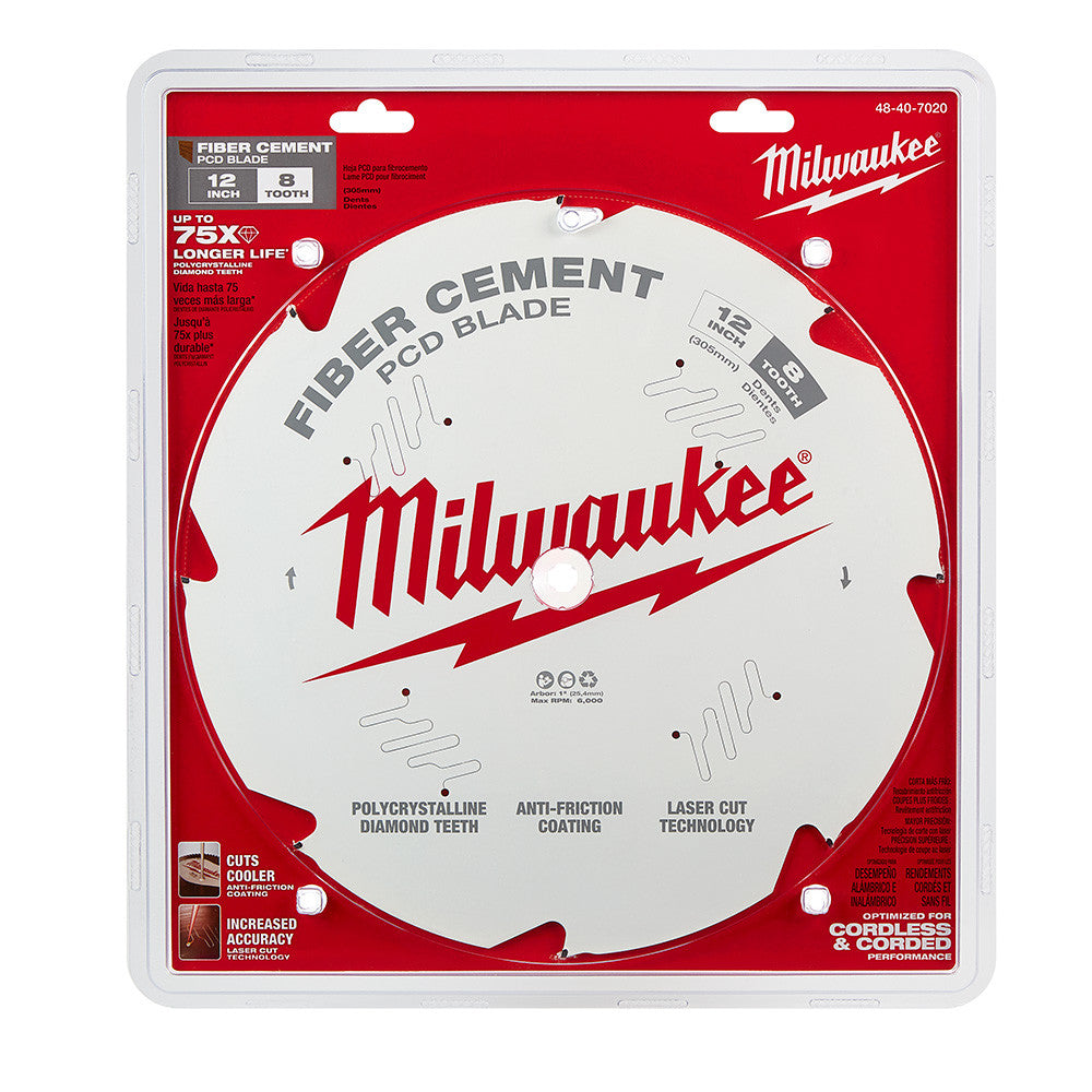 Milwaukee 48-40-7020 12-inch x 8T PCD / Fibre Cement Cutting Circular Saw Blade showing saw blade in packaging