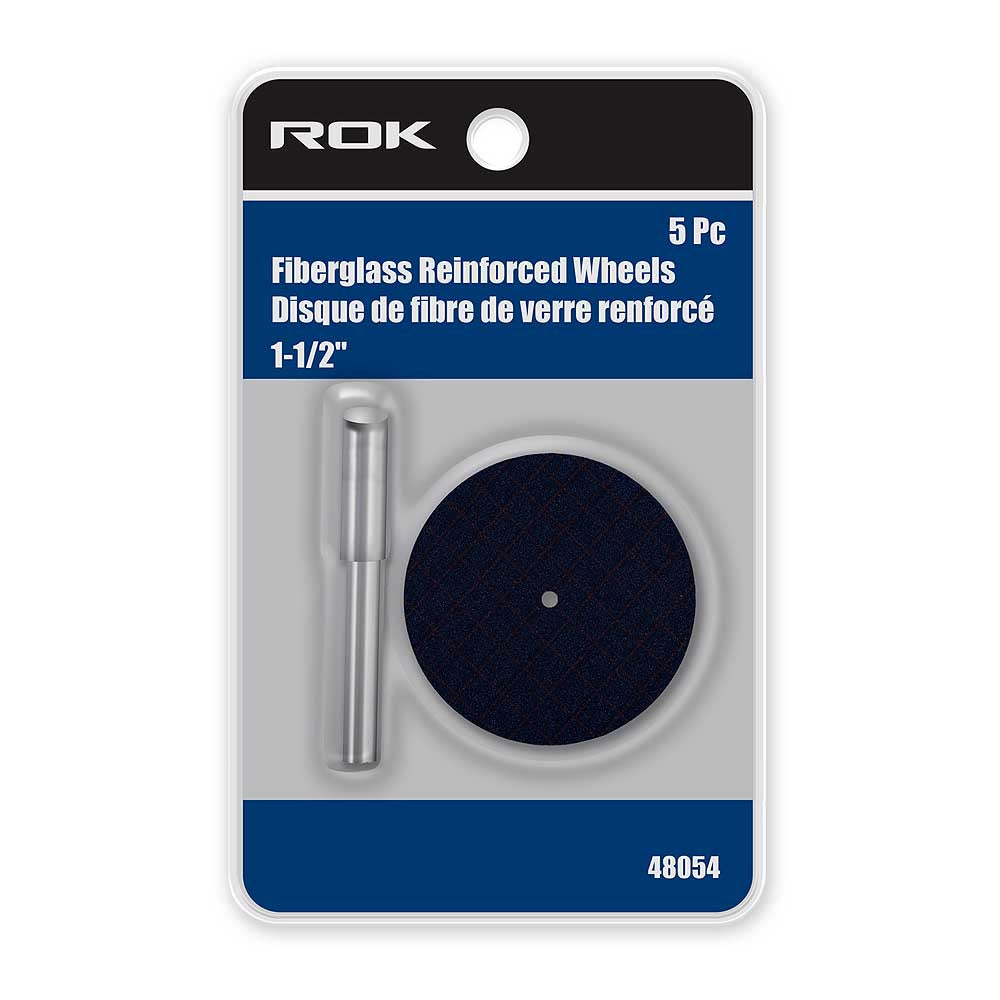 ROK 5pc 1-1/2in x .045in Fibreglass Reinforced Cut Off Wheels with 1/8in Shank Mandrel Set