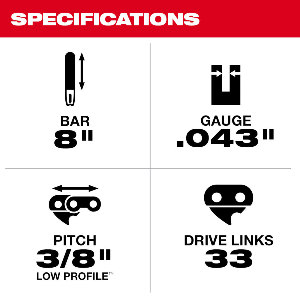 Milwaukee 49-16-2750 8-inch Pruning Saw Chain showing specifications of the replacement chain