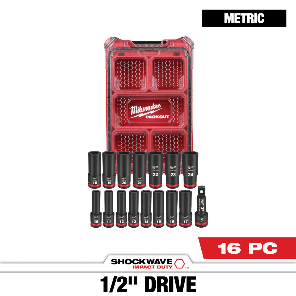 Milwaukee 16pc SHOCKWAVE Impact Duty Metric Socket 1/2in Drive PACKOUT Set