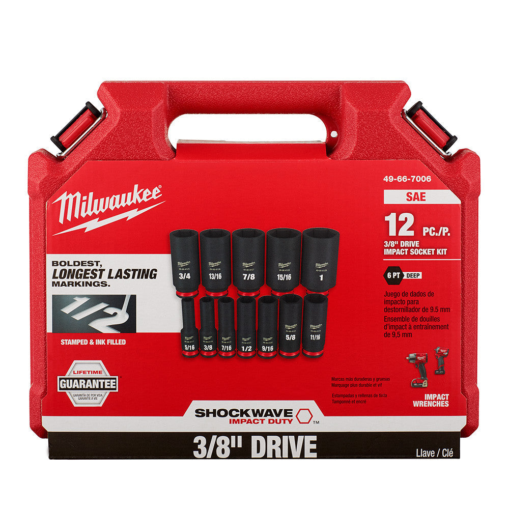 Milwaukee 49-66-7006 SHOCKWAVE Impact Duty 12pc 3/8 Inch SAE Deep 6 Point Socket Set