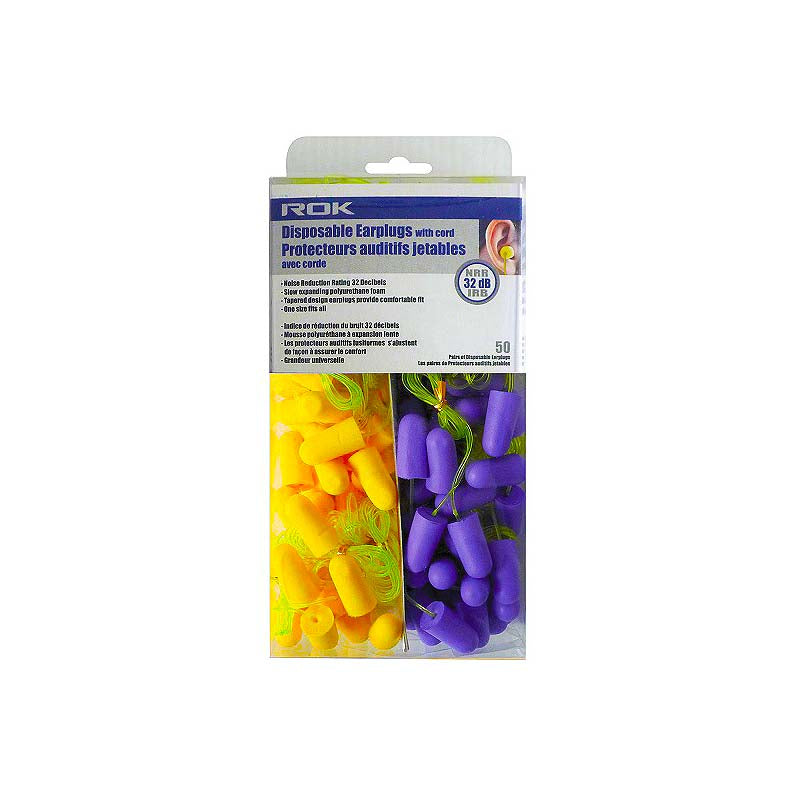 ROK Corded Disposable Foam Ear Plugs - 50 Pair Pack