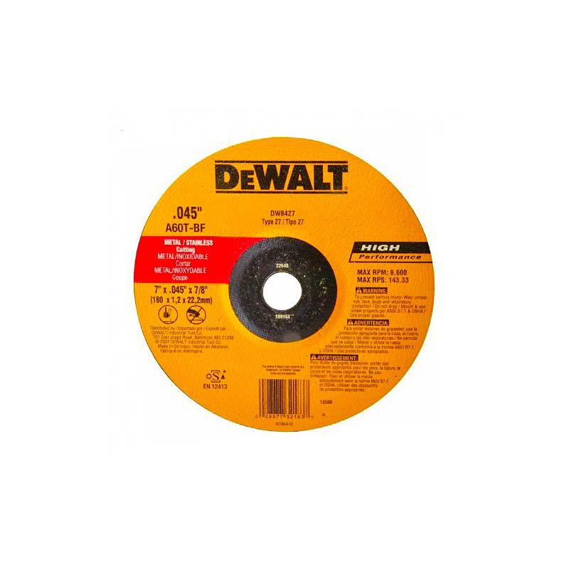 DeWalt 7in x .045in x 7/8in Type 27 HP Metal / Stainless Steel Cutting Cut-Off Wheel