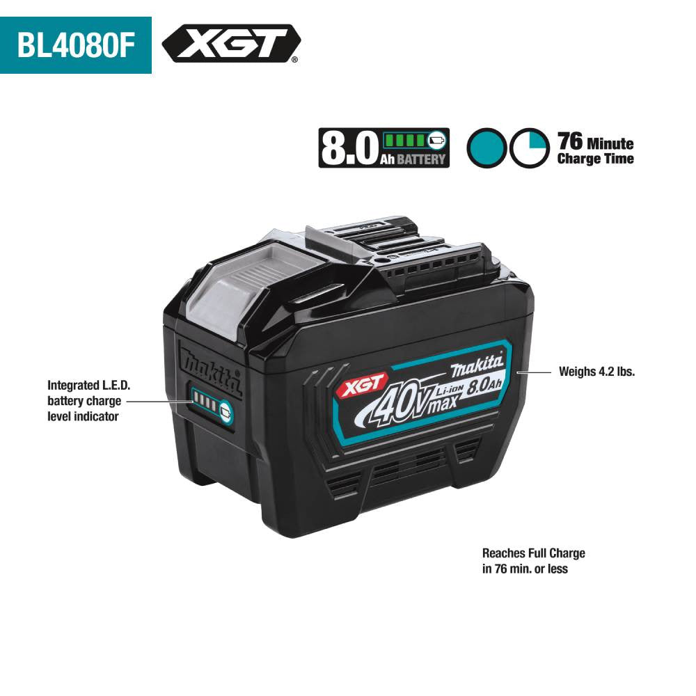 Makita BL4080F 40V MAX XGT 8.0 Ah Battery showing features of the battery