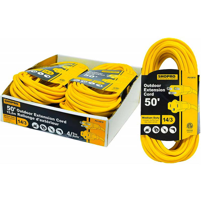 SHOPRO 50' 14/3 Gauge Outdoor Extension Cord - Yellow