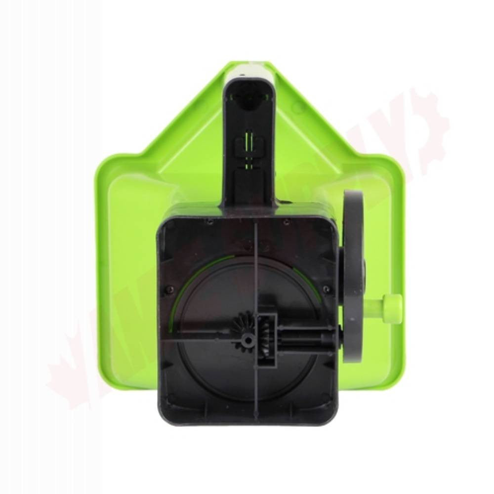 Holland Greenhouse S010590G All-Season Handheld Spreader for 1,000 sq.ft Coverage showing spreader mechanism from the bottom