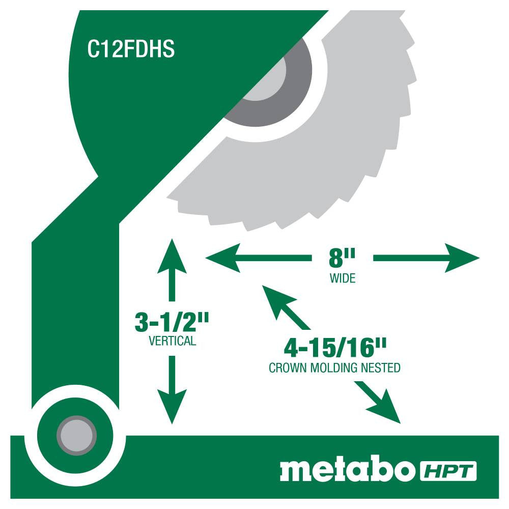 Metabo HPT C12FDHSM 15 Amp 12in Dual Compound Mitre Saw with Laser Marker showing the cutting capacity of the saw