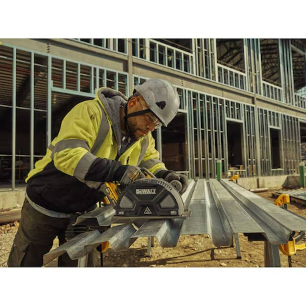 DeWalt DCS383B 20V MAX XR Cordless Brushless 7-1/4in Metal Cutting Circular Saw (Tool Only) showing in use cutting corticated metal (Battery sold separately)
