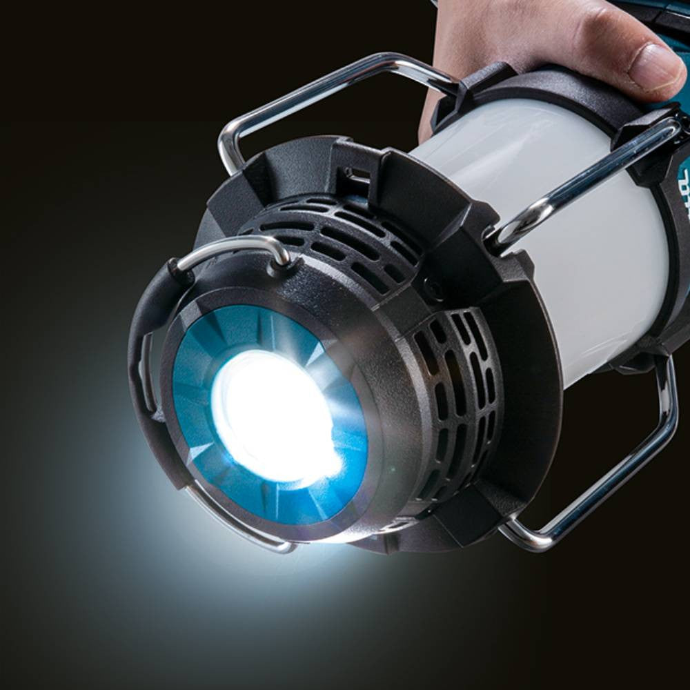 Makita DMR057 18V LXT Lantern Radio with Bluetooth & Flashlight (Tool Only) showing in use with the flashlight on