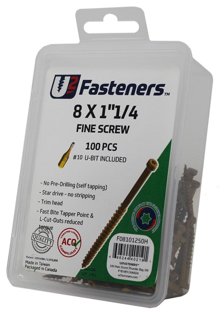 U2 Fasteners Fine Screws 8 x 1-1/4in - 100pk