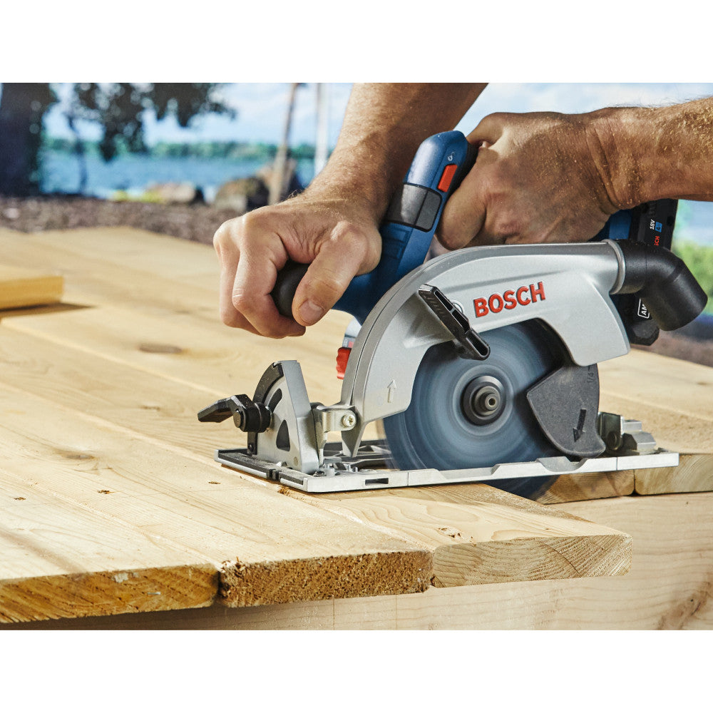 Bosch GKS18V-22LN 18V Cordless Brushless 6-1/2 inch Blade-Left Circular Saw (Tool Only) showing cutting lumber on a jobsite