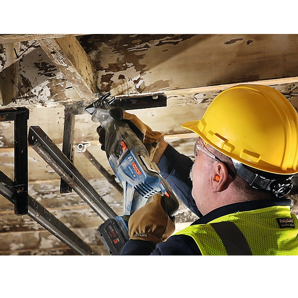 Bosch GSA18V-110N PROFACTOR 18V Cordless Brushless 1-1/8 inch Reciprocating Saw (Tool Only) showing in use cutting dimensional lumber from between floor joist