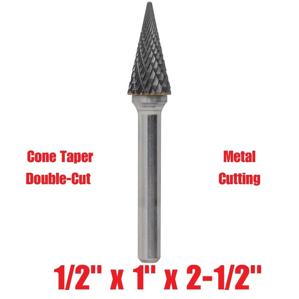 Truwerx 53528 1/2-inch x 1-inch x 2-1/2-inch Cone Taper Double-Cut Metal Cutting Carbide Rotary Burr
