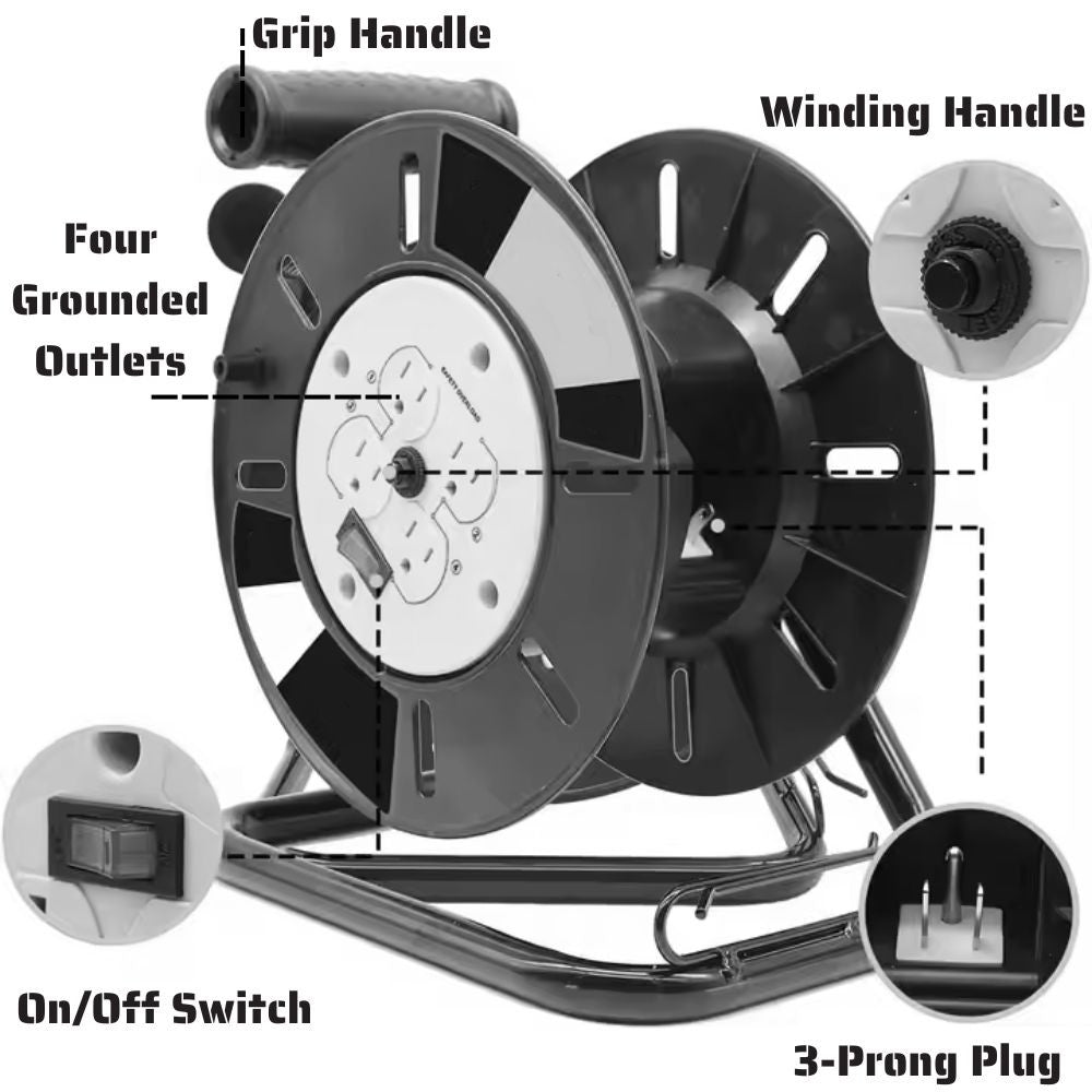 Truwerx 80196 60 ft. 12/3 Gauge 4 Outlet Hand Wind Cord Reel