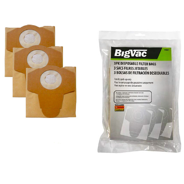 Big Vac Disposable Filter Bags for 8-12 Gallon Wet/Dry Vacuums - 3pk