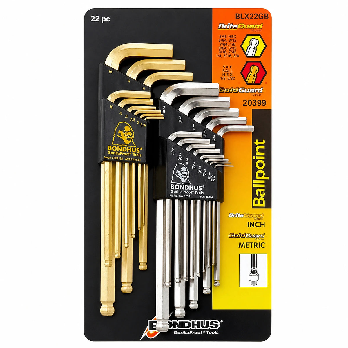 Bondhus 22pc SAE/Metric Ball End L-Wrench Set with BriteGuard / GoldGuard