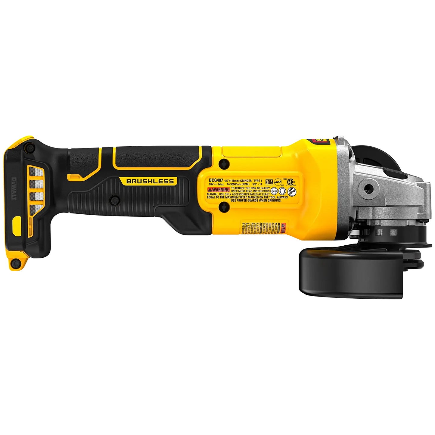 DeWalt DCG407B 20V MAX brushless slide-switch angle grinder reverse side view