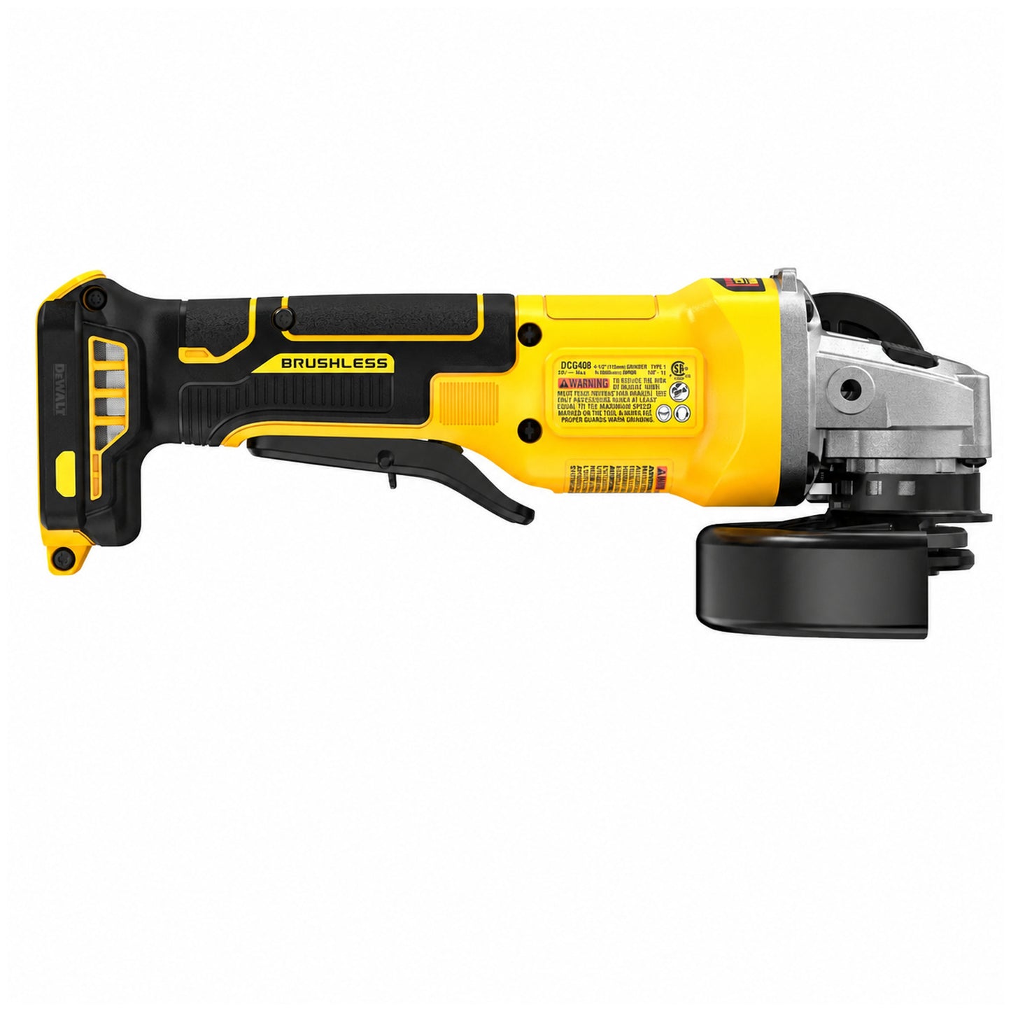 DeWalt DCG408B 20V MAX angle grinder reverse side view