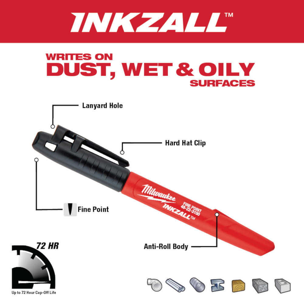 Milwaukee 48-22-3106 INKZALL Fine Point Coloured Jobsite Markers - 4pk