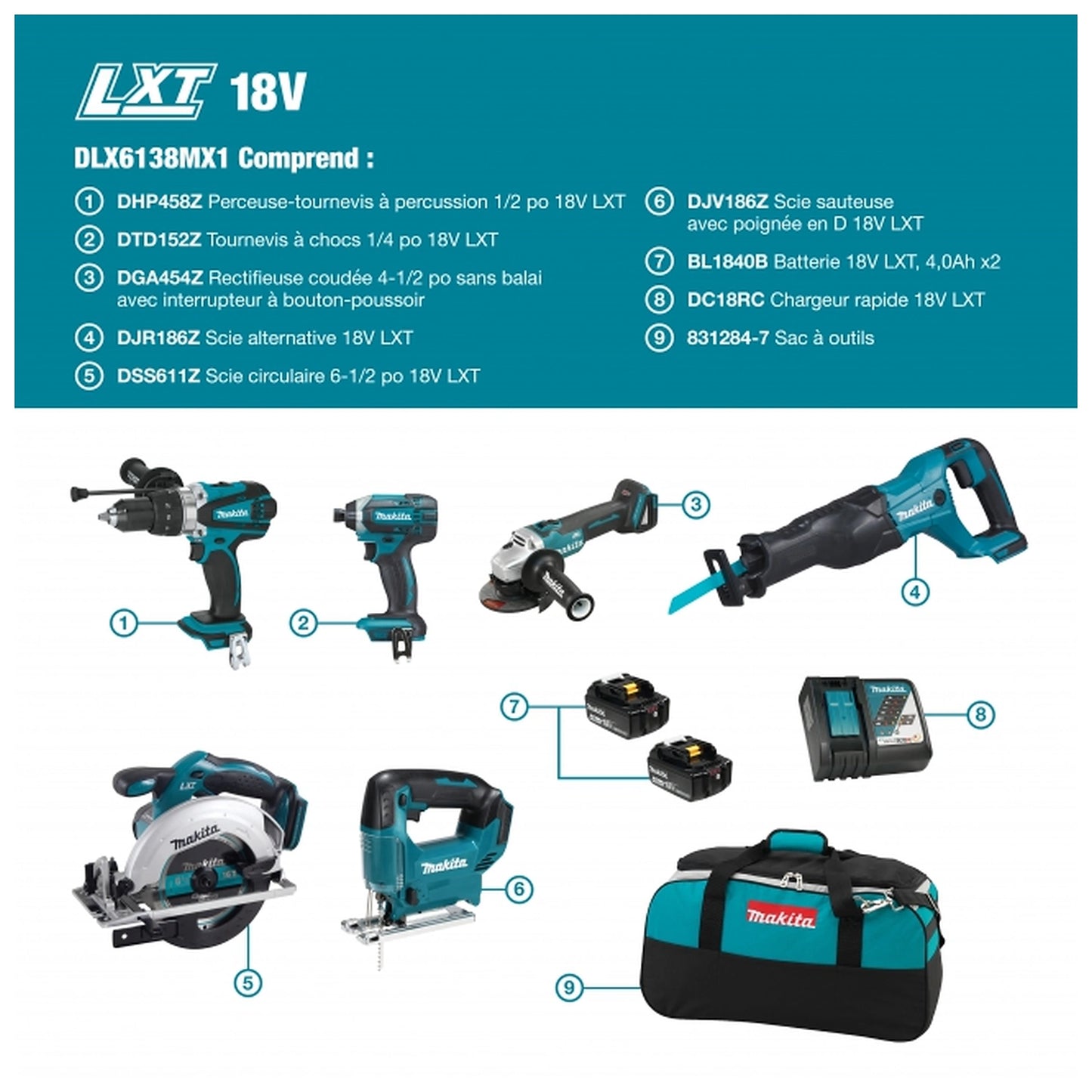 Makita DLX6138MX1 French six-tool kit contents diagram