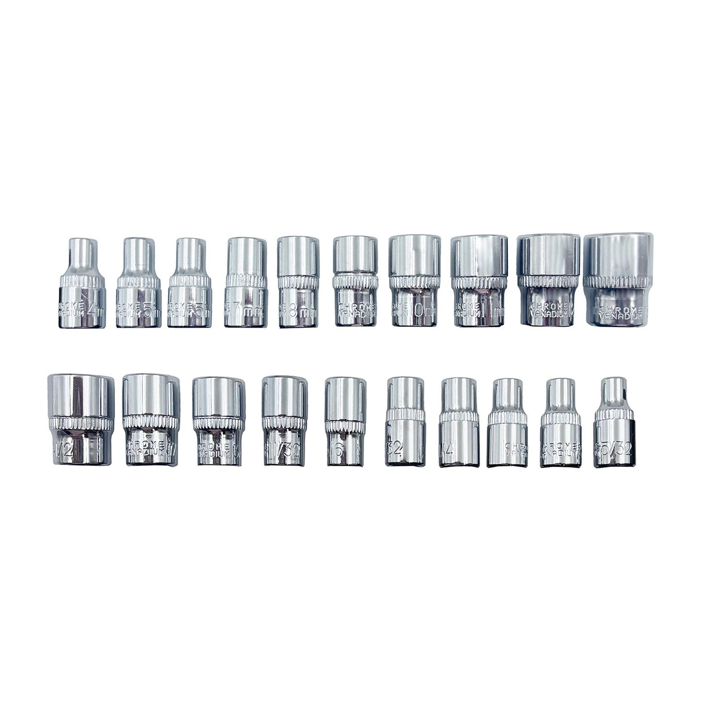 ROK 21pc 1/4in Ratchet Drive SAE/Metric Socket Set – 1/4-inch ratchet and SAE and metric sockets arranged for identification