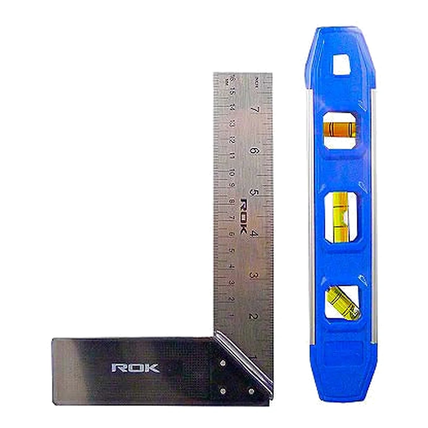 ROK 28375 two-piece set with 8 in try-square and 9 in torpedo level