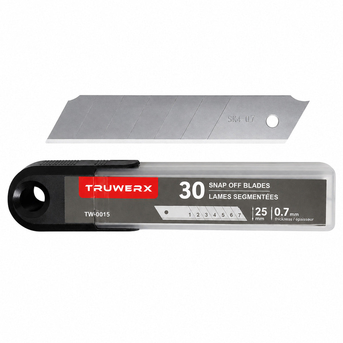 Truwerx 30-pack of 25mm (0.7 inches) snap-off utility blades, showing one exposed silver blade above its black and gray retail packaging.