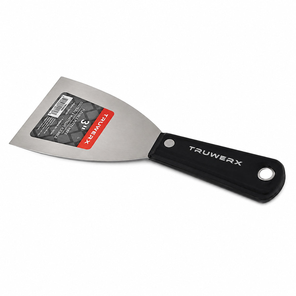 A 3-inch TrowerX metal putty knife with a black handle and a silver metal blade, shown on a plain white background.