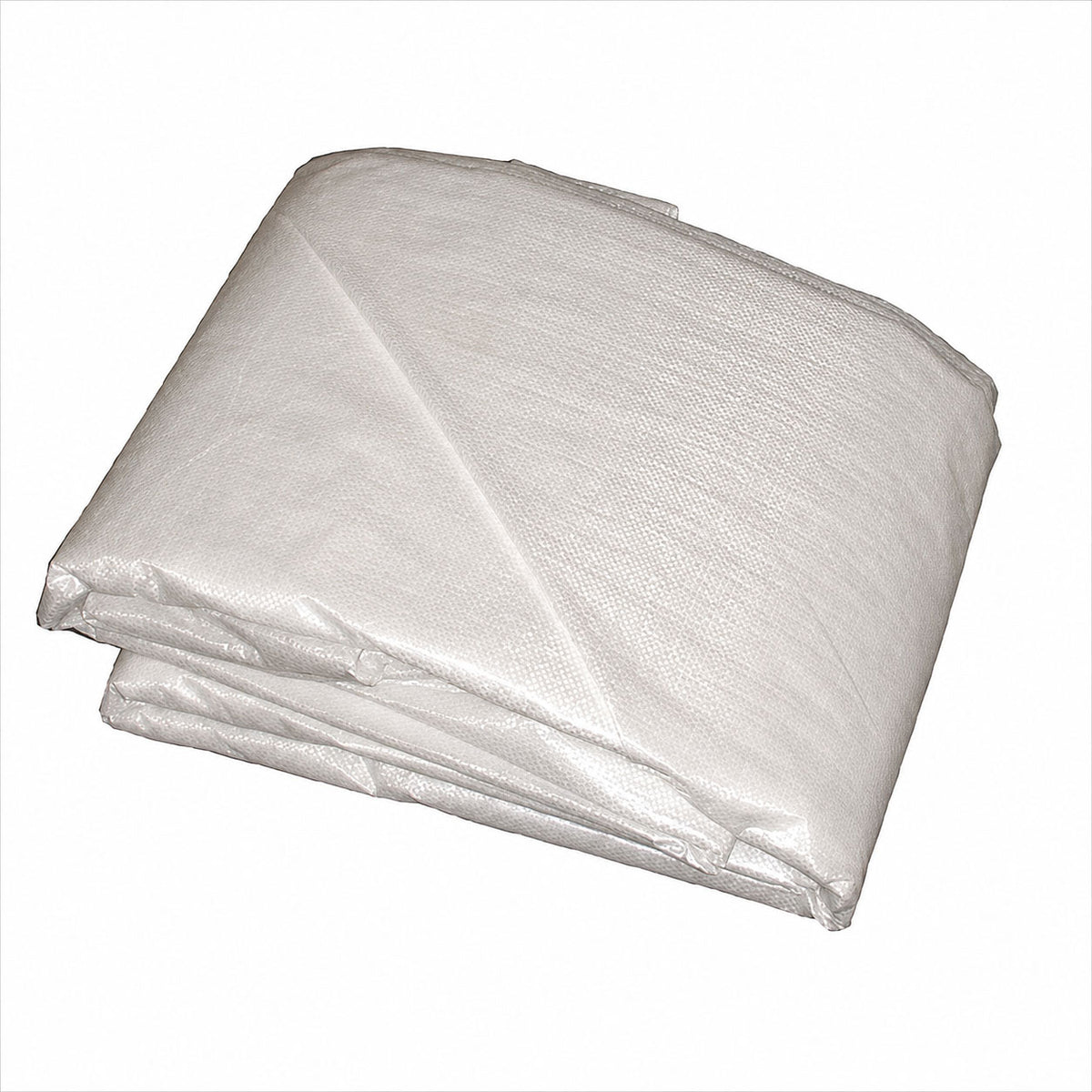 A folded white woven plastic or polypropylene tarp sheet, shown on a plain white background.