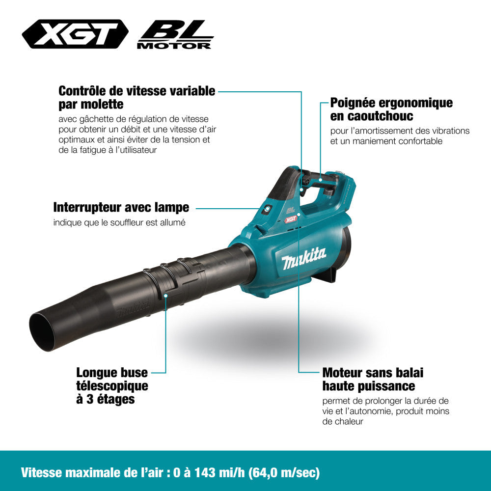 Makita UB001GZ 40V MAX XGT Cordless Brushless Turbo Blower (Tool Only) showing features of the blower in French