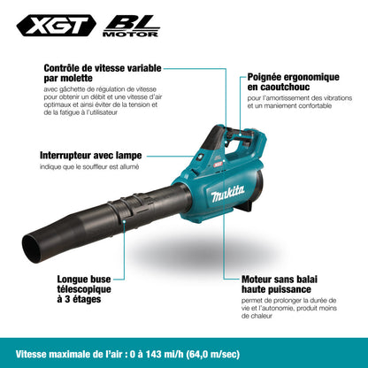 Makita UB001GZ 40V MAX XGT Cordless Brushless Turbo Blower (Tool Only) showing features of the blower in French