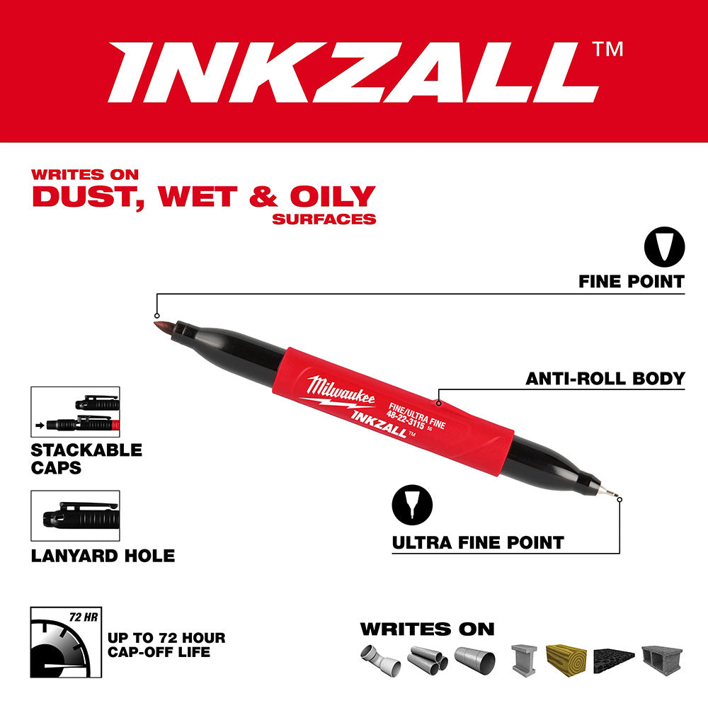 Milwaukee INKZALL Double Sided Black Jobsite Marker - Fine Point & Ultra Fine Tip