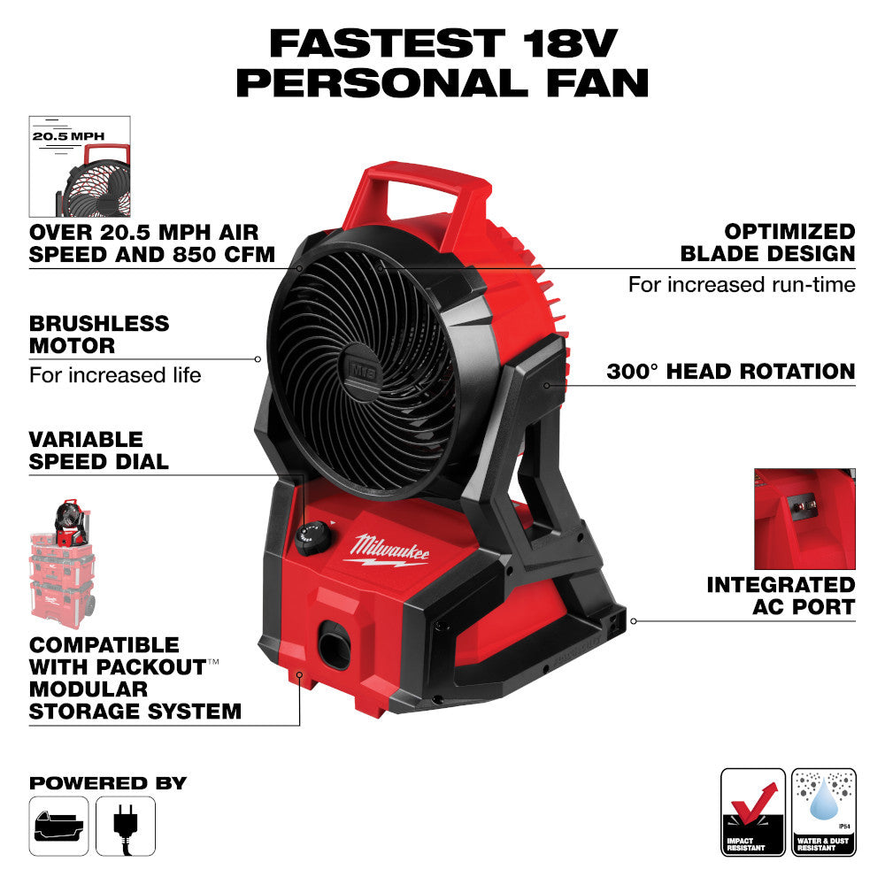 Milwaukee 0818-20 M18 Cordless Brushless PACKOUT Fan (Tool Only)