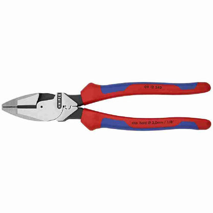Knipex 9-1/2 inch Ultra High Leverage Comfort Lineman foots Pliers with Crimper looking straight on at the pliers