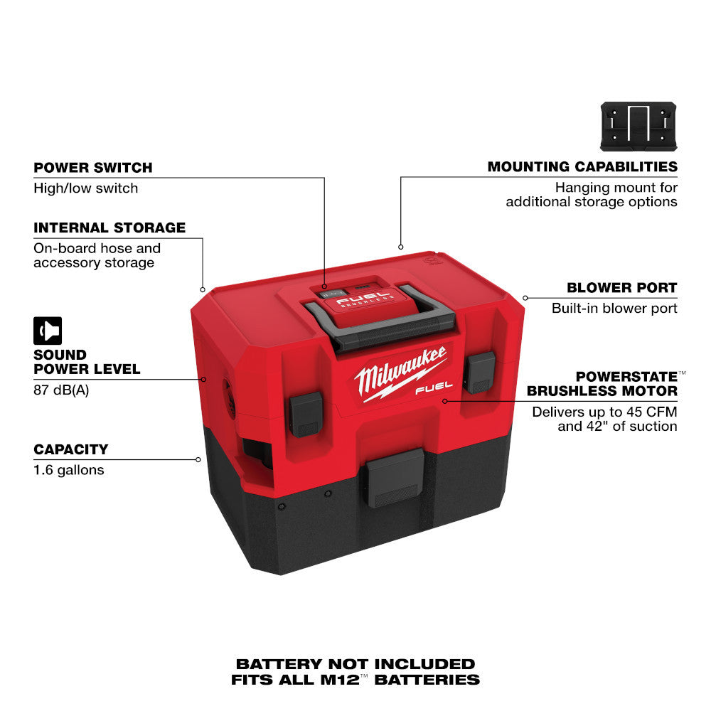 Milwaukee 0960-20 M12 FUEL 1.6 Gallon Wet/Dry Vacuum (Tool Only)