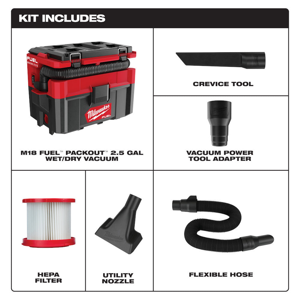 Milwaukee 0970-20 M18 FUEL PACKOUT 2.5 Gallon Wet/Dry Vacuum (Tool Only)